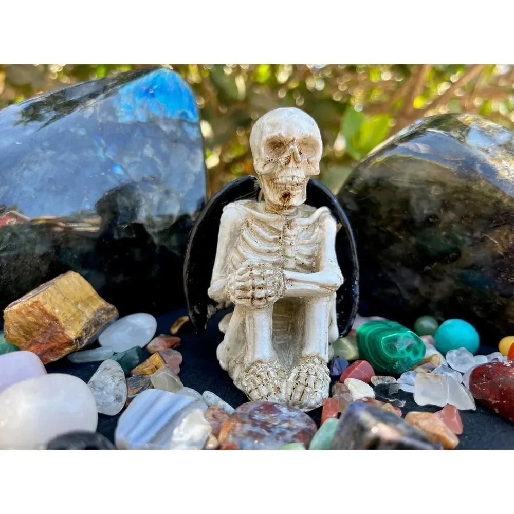 Sitting Skeleton with Bat Wings Statue 3.85